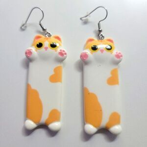 NWT Cat Lady Cute Long Cat Earrings White Orange Cat Pink Paws Hypoallergenic